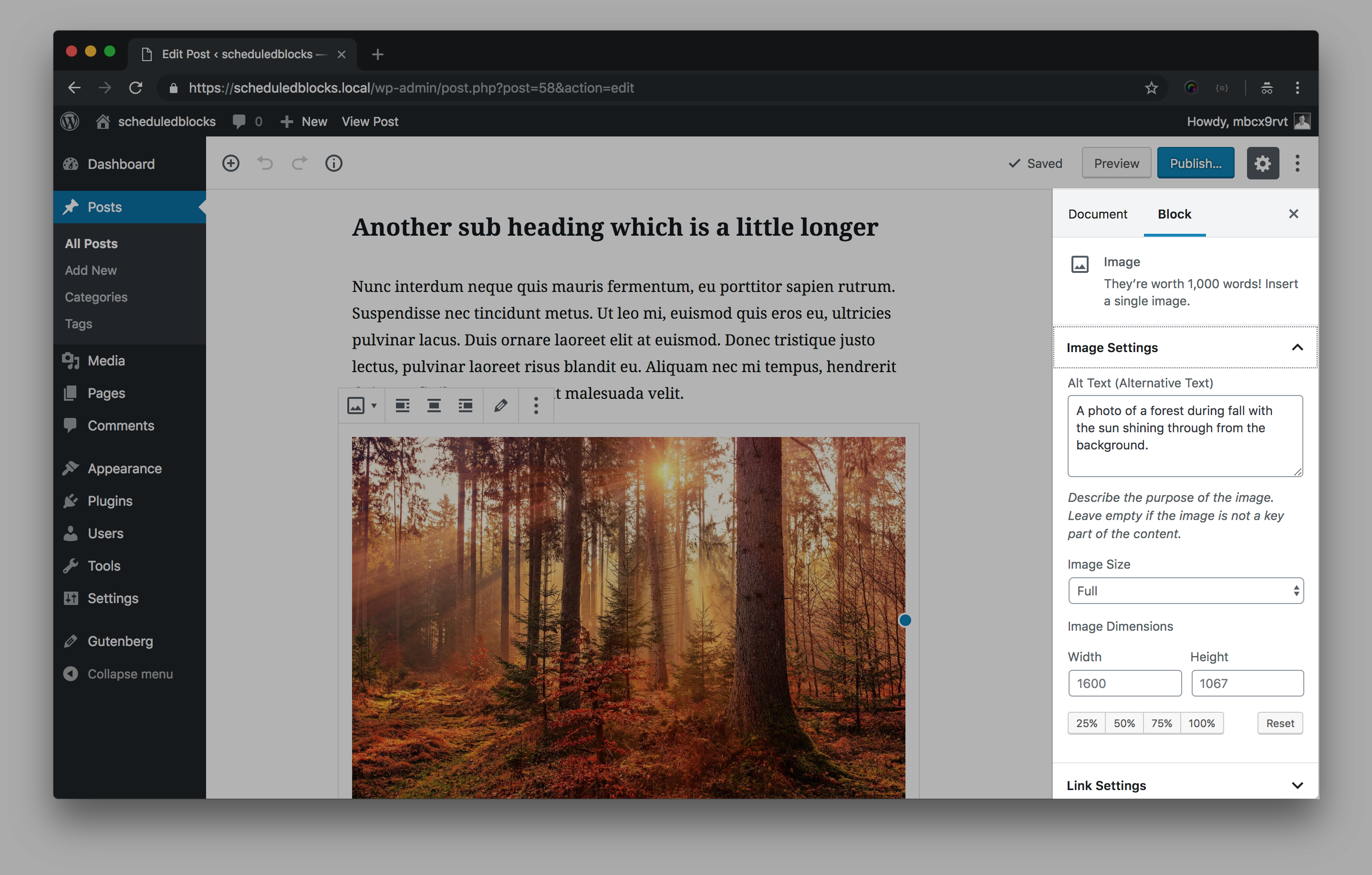 A screenshot of the gutenberg editor, with the block sidebar highlighted.