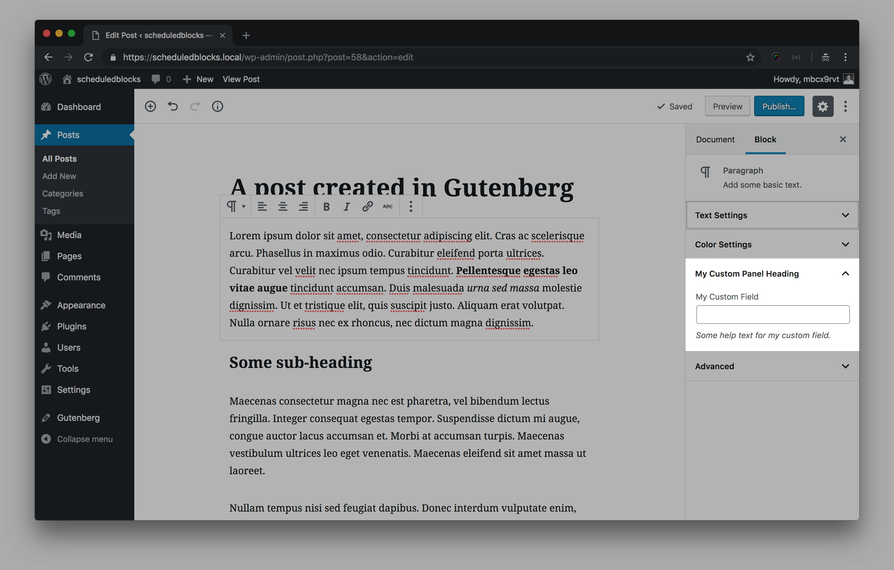 A screenshot of the gutenberg editor, with a new custom panel in the block sidebar highlighted.