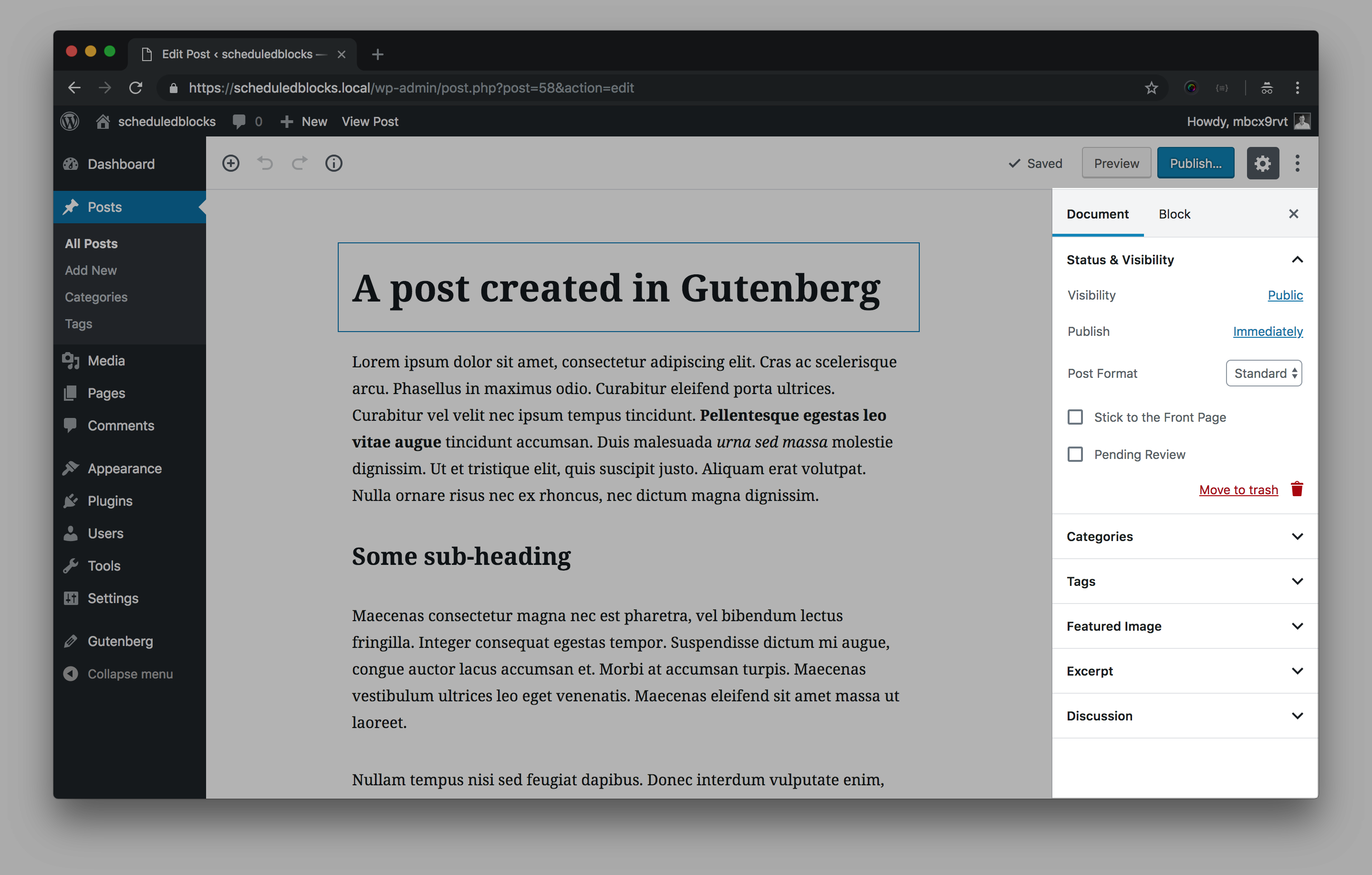A screenshot of the gutenberg editor, with the document sidebar highlighted.